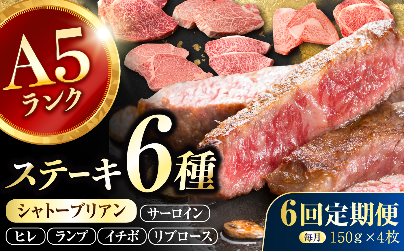 【6回定期便】長崎和牛 希少部位 A5 ステーキ6種 150g×4枚 計3.8kg / イチボ ランプ ヒレ シャトーブリアン サーロイン リブロース 肉 牛肉 ステーキ 焼肉 和牛 ヘルシー 赤身ステーキ / 諫早市 / 野中精肉店 [AHCW179]