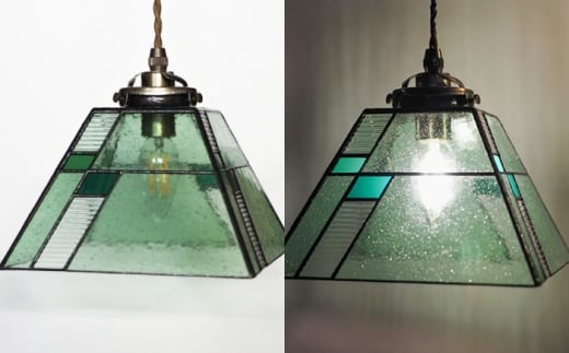 泡入りガラスのペンダントランプ 緑系 吊り下げランプ / 照明 ライト ダイニング / 大村市 / ステンドグラス工房ウォークオン [ACZT022]