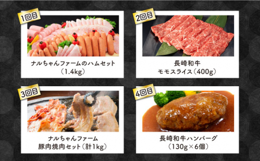 【4回定期便】長崎和牛・大村産豚肉コース 総量3.58kg / 牛肉 モモ もも すき焼き すきやき しゃぶしゃぶ 焼肉 焼き肉 豚肉 豚ロース ロース ろーす 豚モモ モモ もも 豚バラ バラ ばら ロースハム ハム はむ ウインナー ういんなー ソーセージ そーせーじ フランク ハンバーグ はんばーぐ 小分け 肉定期便 / 大村市 / おおむら夢ファームシュシュ[ACAA071]