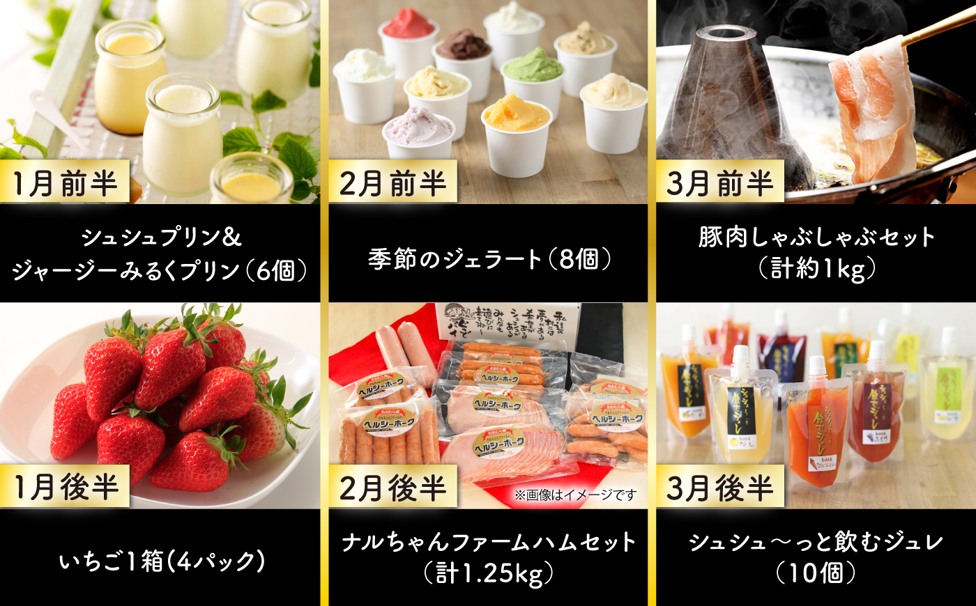 【24回定期便】毎月 2回 お届け！ファーストクラス 定期便（ ハンバーグ 長崎和牛 プリン いちご ジェラート ハムセット 豚肉 ジュレ ぶどう お米 ジュース ）/ 便利な定期便 バラエティ定期便 バラエティ 定期便 / 大村市 / おおむら夢ファームシュシュ[ACAA102]