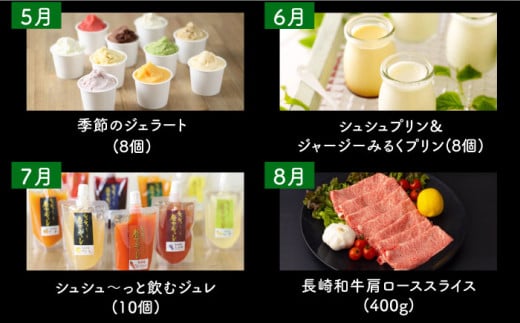 【12回定期便】ビジネスクラス定期便（ ジュース ハンバーグ ハムセット ジェラート プリン ジュレ 長崎和牛 豚肉 ）/ 便利な定期便 バラエティ定期便 バラエティ/ 大村市 おおむら夢ファームシュシュ[ACAA098]