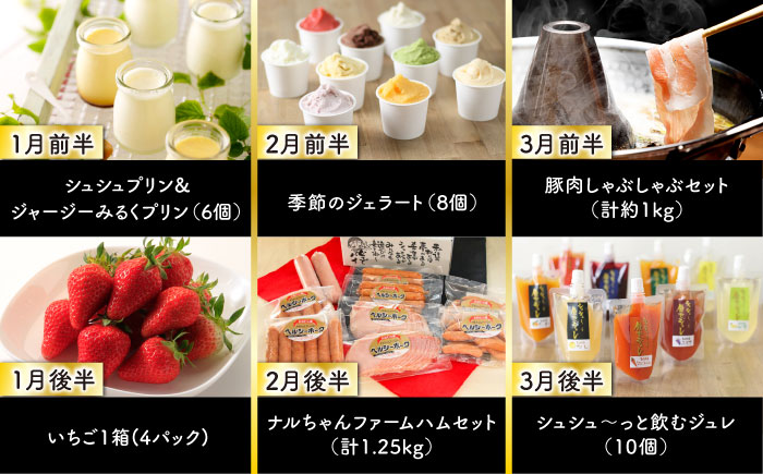 【24回定期便】毎月 2回 お届け！ファーストクラス 定期便（ ハンバーグ 長崎和牛 プリン いちご ジェラート ハムセット 豚肉 ジュレ ぶどう お米 ジュース ）/ 便利な定期便 バラエティ定期便 バラエティ 定期便 / 大村市 / おおむら夢ファームシュシュ[ACAA102]