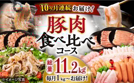 【10回定期便】ナルちゃんファーム 豚肉食べ比べコース 総量11.2kg（豚肉しゃぶしゃぶ・スライス・焼肉・とんかつ・ハムセット）/ 豚肉 ロースハム ハム はむ ウインナー ういんなー ソーセージ そーせーじ フランク 豚ロース ロース ろーす 豚モモ モモ もも 豚バラ バラ ばら 焼肉 しゃぶしゃぶ スライス 小分け 豚肉定期便 / 大村市 / おおむら夢ファームシュシ[ACAA088]