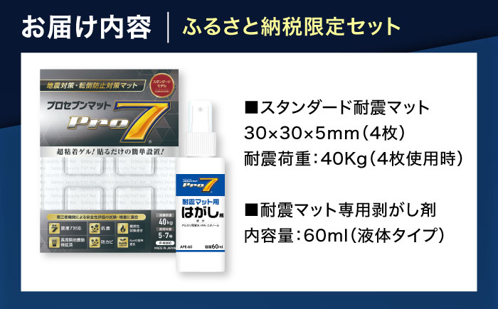 耐震スターターセット　スタンダード耐震マット（30ｍｍ角ｘ4枚）＋ 耐震マット専用剥がし剤（60ml）防災用品　地震対策　耐震　転倒防止　プロセブン　家具固定　プロセブン [ACBX012]