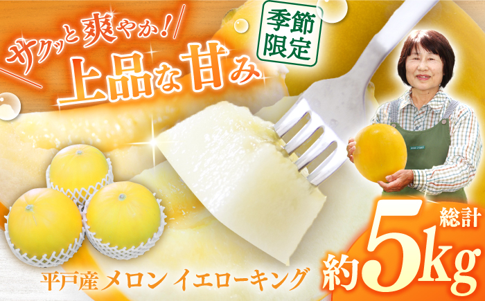 【先行予約】最高糖度15度で甘味たっぷり平戸産メロンイエローキング合計5kg前後3〜6玉【株式会社ひらど新鮮市場】[KAB200]