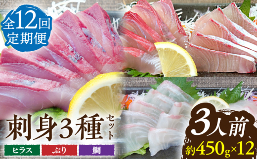 【12回定期便】鮮魚 3人前 詰め合わせ 450g【百旬館】[KAK037]/ 長崎 平戸 魚介類 魚 刺身 ブロック ヒラス ひらす ブリ ぶり 鯛 タイ たい 急速冷凍 真空 パック定期便