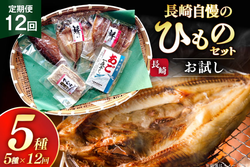 干物 セット お試しひものセット 5種 詰め合わせ 12回 定期便 [篠崎海産物店 長崎県 平戸市 hr42bgy410117] ひもの あご あじ さわら さば 朝食 一夜干し 桜干し 粕漬け 魚介 あじの開き おつまみ つまみ 晩酌 ふっくら おかず 焼くだけ