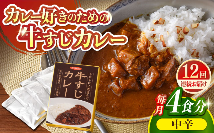 【全12回定期便】【着日指定 可能】【とろっとろになるまで煮込んだ】牛すじカレー 4食セット（中辛） 平戸市 / カレー工房 NVfoods [KAB266]