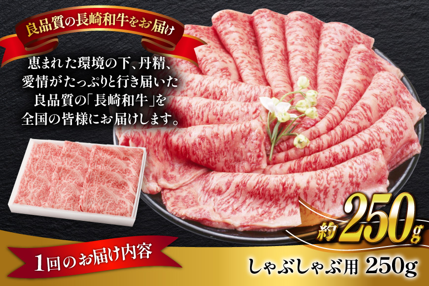牛肉 長崎和牛 しゃぶしゃぶ用 約250g 6回 定期便 総計約 1.5kg [萩原食肉産業 長崎県 平戸市 hr42bgy410336] 肉 お肉 和牛 国産 小分け パック 便利 冷凍  肩ロース ロース ブランド 平戸牛 国産牛 鍋