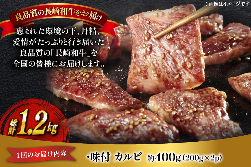 和牛 長崎和牛 牛肉 カルビ 味付き 200g 2p 3回 定期便 総計約1.2kg [萩原食肉産業 長崎県 平戸市 hr42bgy410197] 国産 牛肉 肉 平戸 希少 BBQ ブランド牛