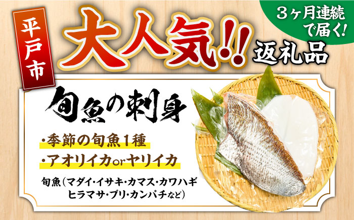 【3回定期便】【漁協直送！】獲れたて旬魚の柵2種セット（刺身1種&イカ1種）（2〜3人前）【舘浦漁業協同組合】 [KAA634]