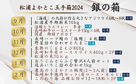 松浦よかとこ玉手箱★2024銀の箱【定期便】( 海の幸 山の幸 詰め合わせ 定期便 美味しい 海産物 野菜 果物 米 肉 果物 松浦市 )【P00-003】