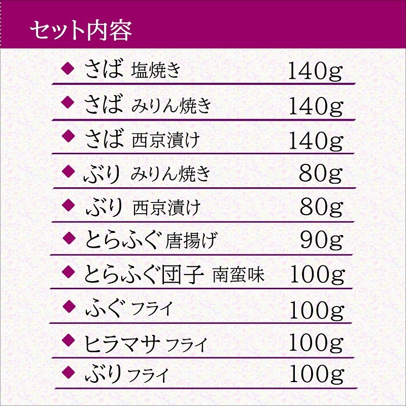 漁協直送！レンジで本格焼き魚と揚げ物10種セット ( 焼き魚 揚げ物 レンジで簡単 サバ さば ぶり ブリ ふぐ フグ ヒラマサ フライ 唐揚げ みりん焼き )【C3-018】