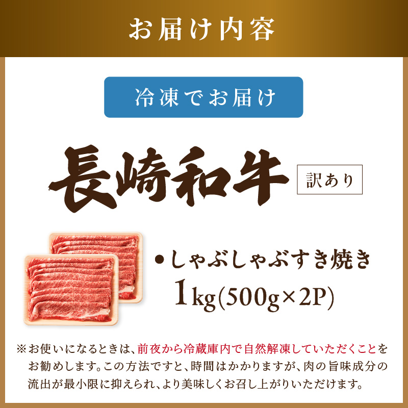 訳あり！【A4～A5】長崎和牛しゃぶしゃぶすき焼き用(肩ロース肉・肩バラ・モモ肉)1kg(500g×2p)【B8-016】牛肉 和牛 おすすめ しゃぶしゃぶ すき焼き 牛肉 冷凍 国産 送料無料 肉 プレゼント 小分け お取り寄せ 美味しい