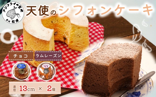 天使のシフォンケーキホール13cm チョコとラムレーズン2個セット( シフォンケーキ チョコ ラムレーズン ふんわり 甘さ控えめ 優しい 手作り アレンジ自在 スイーツ)【A6-026-07CV】