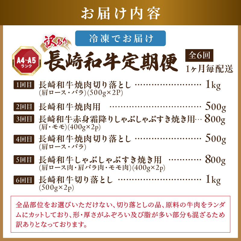 【全6回定期便】訳あり長崎和牛定期便 (長崎和牛 焼肉 切り落とし しゃぶしゃぶ すき焼き )【I0-014】