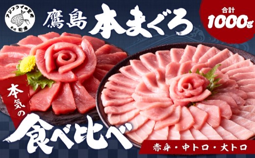 鷹島本まぐろ柵(赤身・中トロ・大トロ) 合わせて1000g( マグロ まぐろ 赤身 中トロ 大トロ 本まぐろ 手軽 おつまみ 柵 流水解凍 )【E5-010】