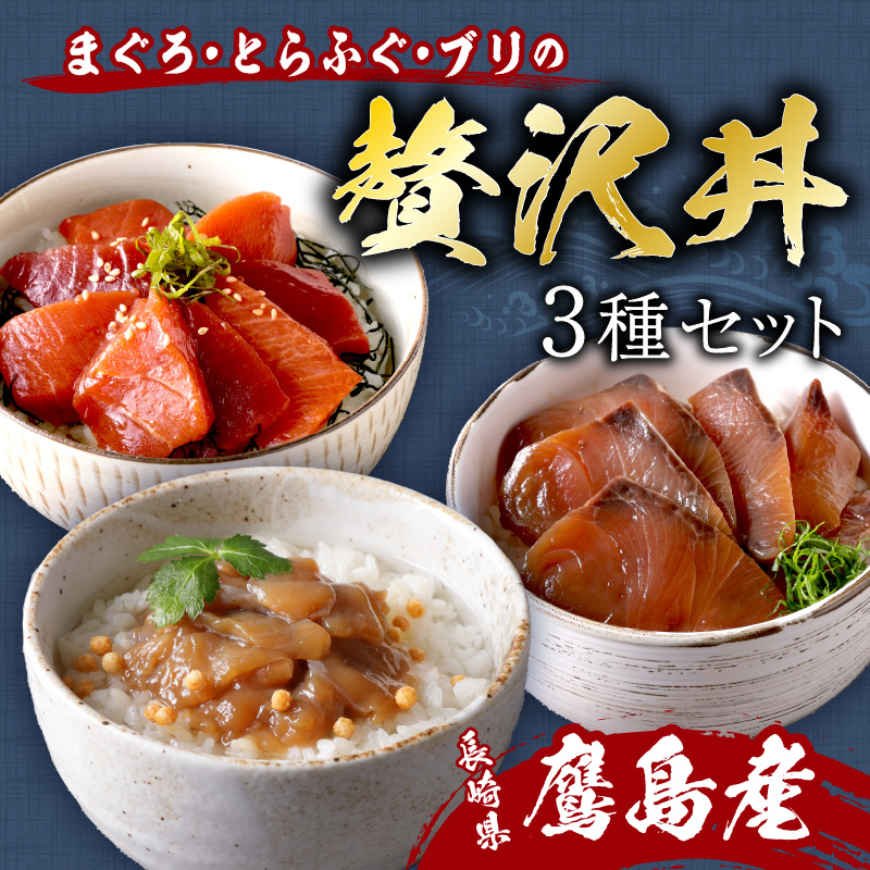 鷹島産本まぐろ・とらふぐ・ぶりの贅沢丼 3種セット[各4] ( 本マグロ 大トロ 中トロ 赤身 とらふぐ ブリ お手軽 丼 漬け 茶漬け 時短 )【C4-035】