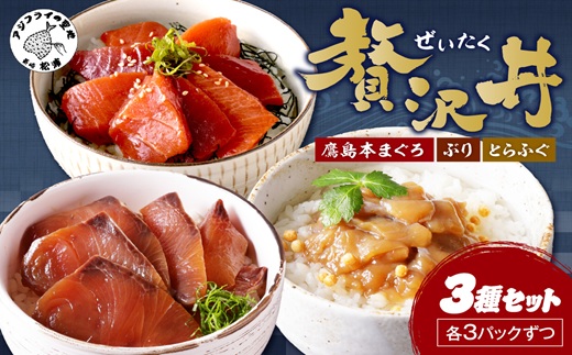 鷹島産本まぐろ・とらふぐ・ぶりの贅沢丼 3種セット[各3] ( 本マグロ 大トロ 中トロ 赤身 とらふぐ ブリ お手軽 丼 漬け 茶漬け 時短 )【B8-048】