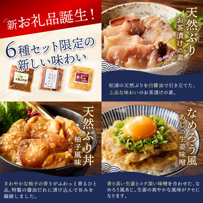 【流水解凍だけの簡単調理】海鮮醤油漬け バラエティ海鮮丼６種セット 各2パック( アジ サバ ブリ あじ さば ぶり 海鮮丼 流水解凍 お手軽 時短料理 海鮮 漬け丼 小分け 国産 長崎県 松浦市 )【B6-050】