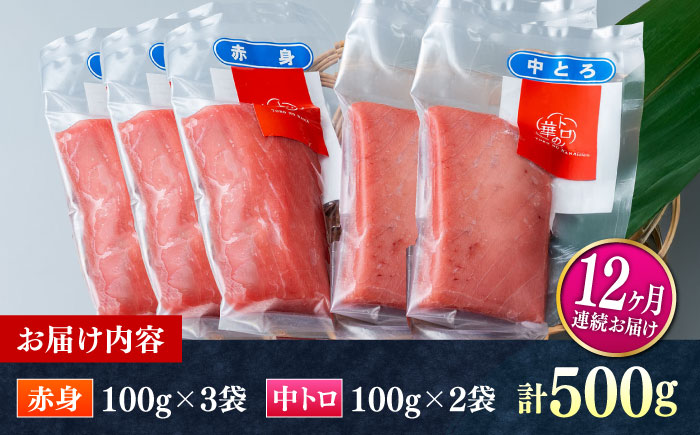 【全12回定期便】対馬産 本マグロ 500g（赤身300g、中トロ200g） ≪対馬市≫【桐谷商店】 トロの華 対馬 新鮮 マグロ トロ 鮪 刺身 鮮度抜群 [WAQ046]