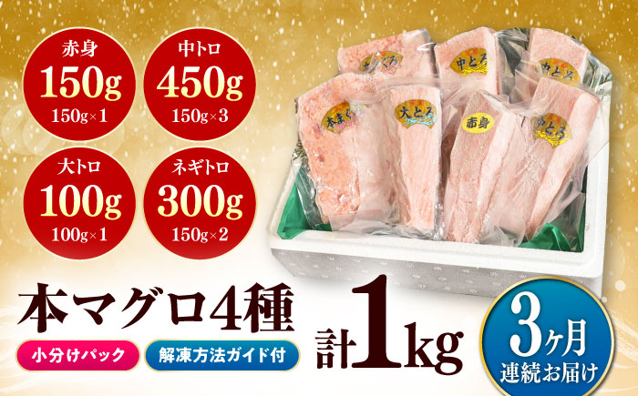 【全3回定期便】対馬産 本マグロ 4種 計1kg（赤身/中トロ/大トロ/ネギトロ）《対馬市》【対海】[WAH006] マグロ まぐろ 鮪 本鮪 本マグロ 養殖 トロ 中トロ 中とろ 大トロ 大とろ 赤身 ねぎとろ ネギトロ たたき 刺身 冷凍 海鮮 魚 柵 お祝い 贈答 定期便 毎月届く