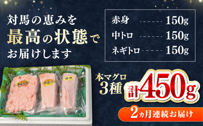 【全2回定期便】対馬産 本マグロ 3種 計450g（赤身/中トロ/ネギトロ）《対馬市》【対海】 新鮮 マグロ 鮪 本鮪 赤身 中トロ ねぎとろ 海鮮 冷凍 [WAH032]
