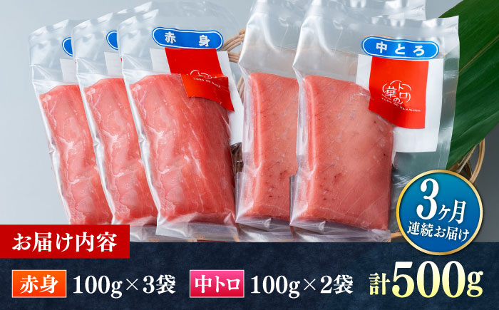 【全3回定期便】対馬産 本マグロ 500g（赤身300g、中トロ200g） ≪対馬市≫【桐谷商店】 トロの華 対馬 新鮮 マグロ トロ 鮪 刺身 鮮度抜群 [WAQ044]