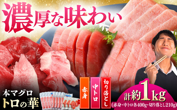 対馬産 本マグロ 約1kg（赤身400g、中トロ400g、切り落とし210g） ≪対馬市≫【桐谷商店】 トロの華 対馬 新鮮 マグロ 赤身 トロ 切り落とし 鮪 刺身 [WAQ083]