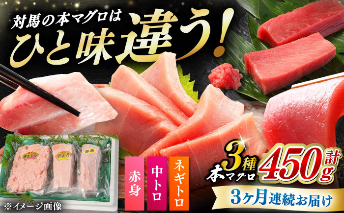 【全3回定期便】対馬産 本マグロ 3種 計450g（赤身/中トロ/ネギトロ）《対馬市》【対海】[WAH012] マグロ まぐろ 鮪 本鮪 本マグロ 養殖 トロ 中トロ 中とろ 赤身 ねぎとろ ネギトロ たたき 刺身 冷凍 海鮮 魚 柵 お祝い 贈答 定期便 毎月届く