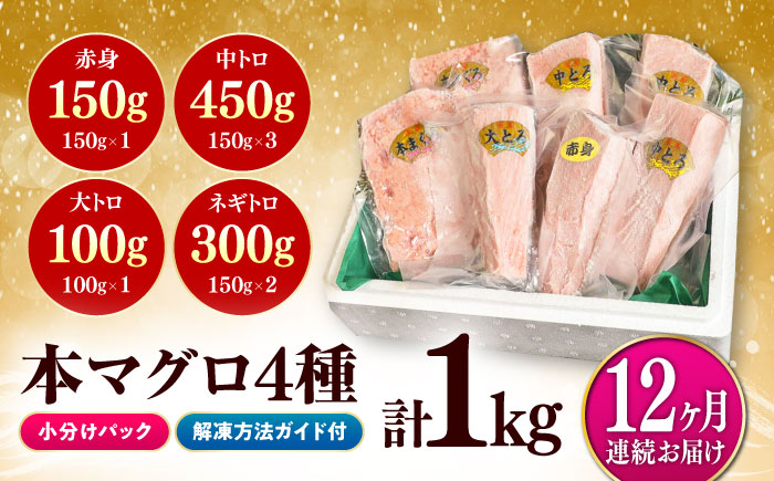 【全12回定期便】対馬産 本マグロ 4種 計1kg（赤身/中トロ/大トロ/ネギトロ）《対馬市》【対海】[WAH008] マグロ まぐろ 鮪 本鮪 本マグロ 養殖 トロ 中トロ 中とろ 大トロ 大とろ 赤身 ねぎとろ ネギトロ たたき 刺身 冷凍 海鮮 魚 柵 お祝い 贈答 定期便 毎月届く