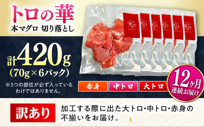 【全12回定期便】訳あり！対馬産 本マグロ 切り落とし 420g（6パック） ≪対馬市≫【桐谷商店】 トロの華 冷凍 新鮮 海鮮 小分け マグロ [WAQ026]