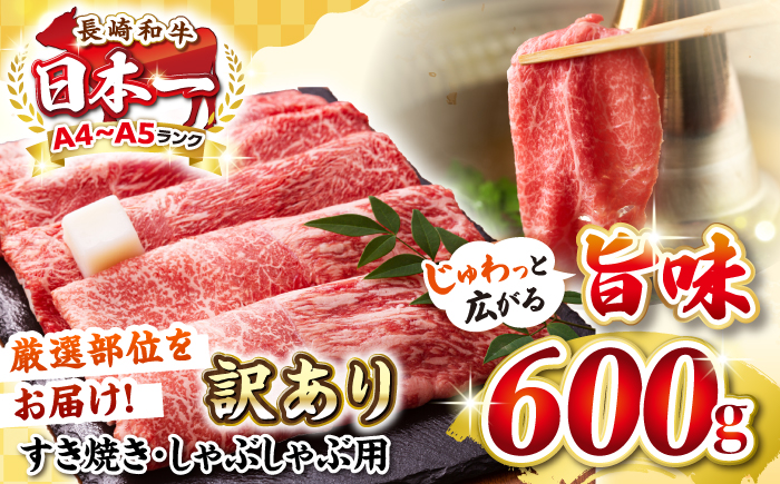 【訳あり】【A4〜A5ランク】 長崎和牛 赤身 霜降り しゃぶしゃぶ・すき焼き用 600g（肩・モモ）《壱岐市》【株式会社MEAT PLUS】 肉 牛肉 黒毛和牛 鍋 ご褒美 冷凍配送 訳あり しゃぶしゃぶ用 すき焼き用 すき焼用 A4 A5 [JGH015]