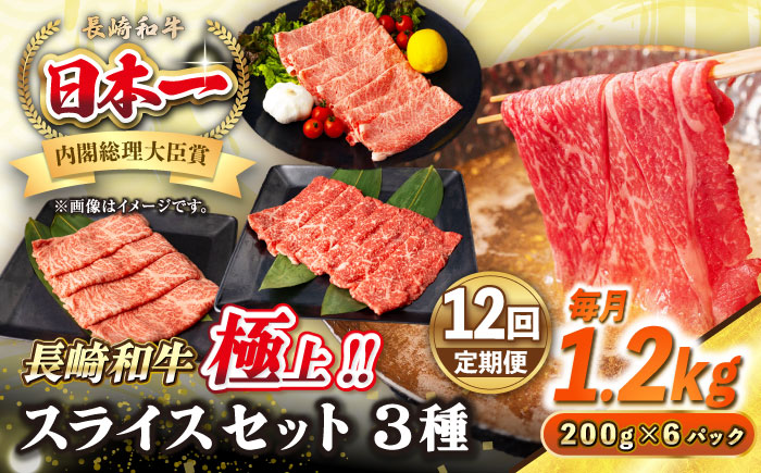 【全12回定期便】【A4〜A5ランク】長崎和牛 スライスセット 1.2kg（モモ400g・肩ロース400g・リブロース400g）《壱岐市》【シュシュ】 牛 牛肉 和牛 国産 長崎和牛 しゃぶしゃぶ すき焼  リブロース 冷凍配送 A5 小分け [JGE060]