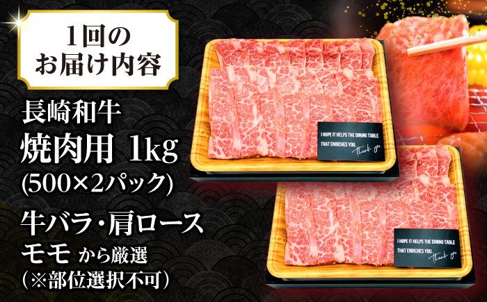 【全2回定期便】【A4〜A5ランク】長崎和牛 焼肉用 1kg（500g×2パック）《壱岐市》【株式会社MEAT PLUS】肉 牛肉 黒毛和牛 焼き肉 焼肉 焼肉用 ギフト 贈答用 ご褒美 冷凍配送 A4 A5 [JGH111]