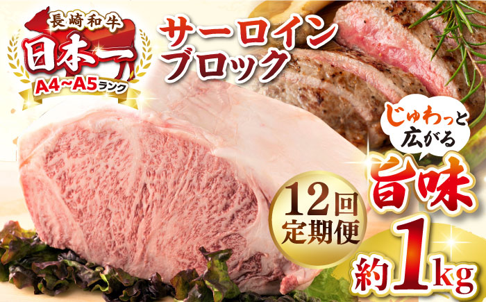 【全12回定期便】【A4〜A5ランク】長崎和牛 サーロインブロック　約1kg《壱岐市》【株式会社MEAT PLUS】 肉 牛肉 黒毛和牛 サーロイン ステーキ ブロック ご褒美 ギフト 贈答用 ご褒美 冷凍配送 A4 A5 [JGH138]