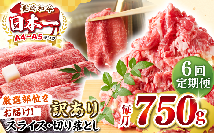 【全6回定期便】【訳あり】【A4〜A5ランク】 長崎和牛 しゃぶしゃぶ・すき焼きセット 750g《壱岐市》【株式会社MEAT PLUS】　肉 牛肉 黒毛和牛 鍋 冷凍配送 訳あり 切り落とし しゃぶしゃぶ用 すき焼用 A4 A5 [JGH105]