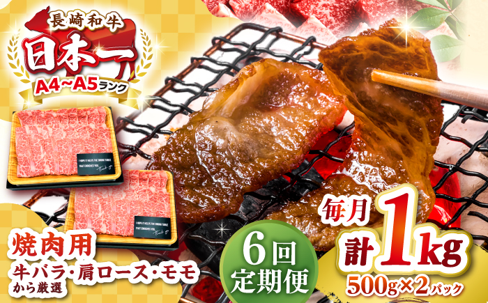 【全6回定期便】【A4〜A5ランク】長崎和牛 焼肉用 1kg（500g×2パック）《壱岐市》【株式会社MEAT PLUS】肉 牛肉 黒毛和牛 焼き肉 焼肉 焼肉用 ギフト 贈答用 ご褒美 冷凍配送 A4 A5 [JGH113]