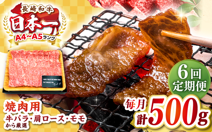 【全6回定期便】【A4〜A5ランク】長崎和牛焼肉用　500g《壱岐市》【株式会社MEAT PLUS】肉 牛肉 黒毛和牛 焼き肉 焼肉 焼肉用 ギフト 贈答用 ご褒美 冷凍配送 A4 A5 [JGH109]