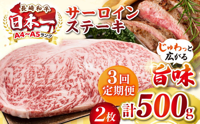 【全3回定期便】【A4〜A5ランク】長崎和牛 サーロインステーキ 500g（250g×2枚）《壱岐市》【株式会社MEAT PLUS】 肉 牛肉 黒毛和牛 サーロイン ステーキ ご褒美 ギフト 贈答用 ご褒美 冷凍配送 A4 A5 [JGH128]