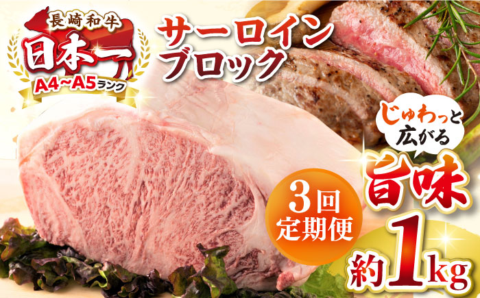 【全3回定期便】【A4〜A5ランク】長崎和牛 サーロインブロック　約1kg《壱岐市》【株式会社MEAT PLUS】 肉 牛肉 黒毛和牛 サーロイン ステーキ ブロック ご褒美 ギフト 贈答用 ご褒美 冷凍配送 A4 A5 [JGH136]