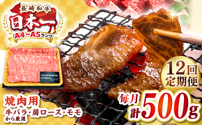 【全12回定期便】【A4〜A5ランク】長崎和牛焼肉用　500g《壱岐市》【株式会社MEAT PLUS】肉 牛肉 黒毛和牛 焼き肉 焼肉 焼肉用 ギフト 贈答用 ご褒美 冷凍配送 A4 A5 [JGH110]