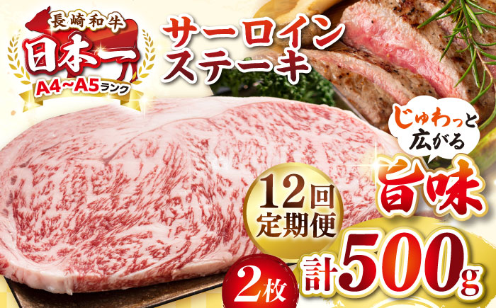 【全12回定期便】【A4〜A5ランク】長崎和牛 サーロインステーキ 500g（250g×2枚）《壱岐市》【株式会社MEAT PLUS】 肉 牛肉 黒毛和牛 サーロイン ステーキ ご褒美 ギフト 贈答用 ご褒美 冷凍配送 A4 A5 [JGH130]