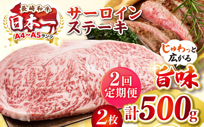 【全2回定期便】【A4〜A5ランク】長崎和牛 サーロインステーキ 500g（250g×2枚）《壱岐市》【株式会社MEAT PLUS】 肉 牛肉 黒毛和牛 サーロイン ステーキ ご褒美 ギフト 贈答用 ご褒美 冷凍配送 A4 A5 [JGH127]