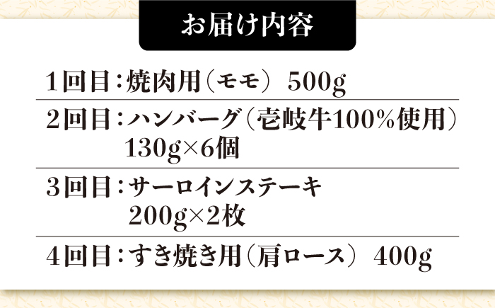 【全4回定期便】 壱岐牛 いろいろお試し定期便（全4種/計約2kg）《壱岐市》【株式会社ヤマグチ】 焼肉 ハンバーグ サーロイン ステーキ すき焼 モモ 冷凍配送 [JCG146]