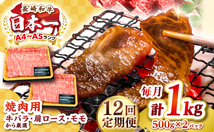 【全12回定期便】【A4〜A5ランク】長崎和牛 焼肉用 1kg（500g×2パック）《壱岐市》【株式会社MEAT PLUS】肉 牛肉 黒毛和牛 焼き肉 焼肉 焼肉用 ギフト 贈答用 ご褒美 冷凍配送 A4 A5 [JGH114]