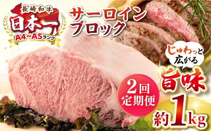 【全2回定期便】【A4〜A5ランク】長崎和牛 サーロインブロック　約1kg《壱岐市》【株式会社MEAT PLUS】 肉 牛肉 黒毛和牛 サーロイン ステーキ ブロック ご褒美 ギフト 贈答用 ご褒美 冷凍配送 A4 A5 [JGH135]