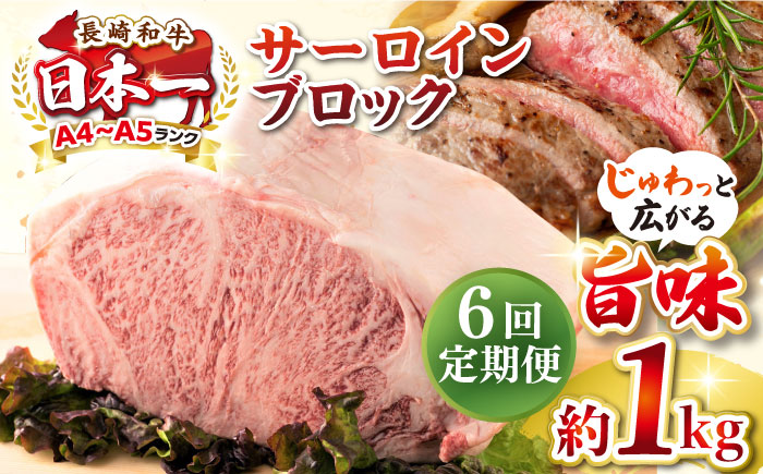 【全6回定期便】【A4〜A5ランク】長崎和牛 サーロインブロック　約1kg《壱岐市》【株式会社MEAT PLUS】 肉 牛肉 黒毛和牛 サーロイン ステーキ ブロック ご褒美 ギフト 贈答用 ご褒美 冷凍配送 A4 A5 [JGH137]