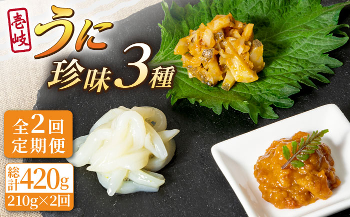 【全2回定期便】壱岐うに珍味３本セット《壱岐市》【下久商店株式会社】雲丹 ウニ イカ 海鮮 塩辛 [JBZ070] イカ 塩辛 柚子 ウニ 雲丹 がぜうに ガゼウニ 海産物 海鮮 おつまみ ご飯のお供 ごはんのおとも 瓶詰 瓶 36000 36000円
