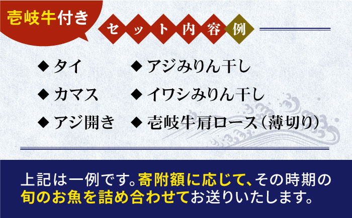 旬の海産物 干物詰め合わせ Eセット（壱岐牛付/肩ロース薄切り）《壱岐市》【マルミ海産物】[JCY005] 28000 28000円 干物 ひもの タイ カマス アジ みりん干し 壱岐牛 黒毛和牛 詰め合わせ セット 手作り